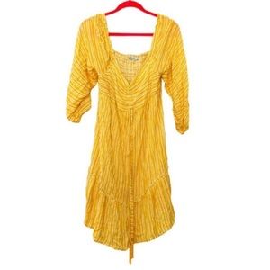 Boho Bohemian Hippie Blue Island Yellow White Stripe Beach Dress Large